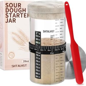 Sourdough Starter Jar Kit-1100ml/39Oz, Sourdough Starter Kit, Sour Dough Starter Jar With Stainless Steel Lid, Thermometer, Silicone Scraper, Cloth Cover And Date Marked Feeding Band (1 Pack)